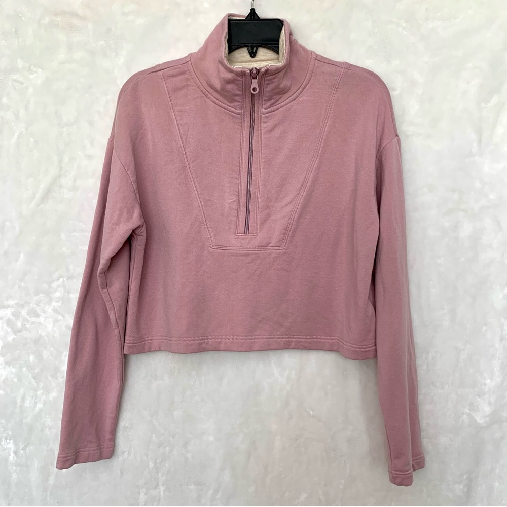 Offline Aerie Pink High Neck with Zipper Drop Shoulder Crop Sweatshirt, Size XS